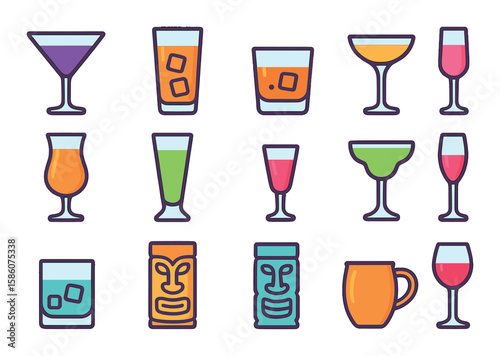 Types of cocktail glasses modern flat style. martini glass, highball glass, lowball glass, coupe glass, hurricane glass, pilsner glass, shot glass, flute glass, rocks