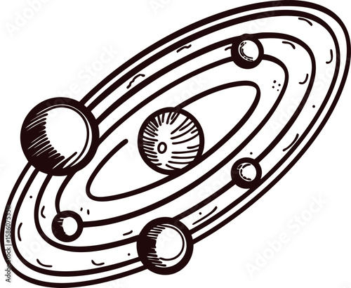 Hand drawn vintage solar system with planets and orbits in monochrome isolated on white background