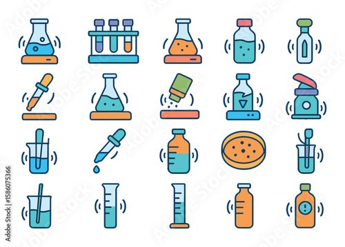 Science and lab shakers modern flat style. chemical shaker, test tube shaker, flask shaker, reagent bottle, dropper shaker, solution shaker, powder shaker, mixer shaker