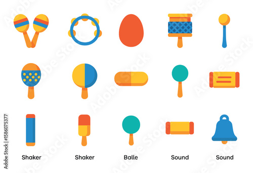 Musical shakers modern flat style. maracas, tambourine shaker, egg shaker, cabasa, shekere, shaker drum, percussion shaker, shaker stick, rattle, hand shaker, shaker ball