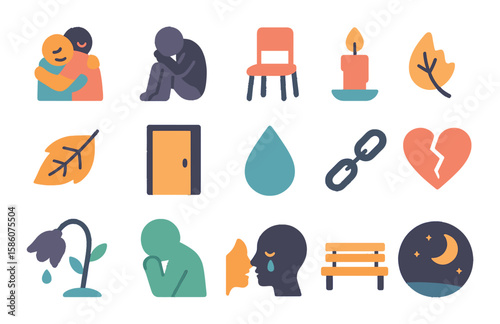 Sorrowful moments modern flat style. farewell hug, grieving person, empty chair, fading candle, fallen leaf, closing door, teardrop, broken chain, wilted flower, bowed