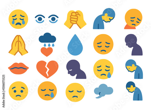 Sorrowful emotions modern flat style. crying face, sad eyes, clenched fists, bowed head, folded hands, rain over heart, teardrop falling, downcast glance, trembling lips