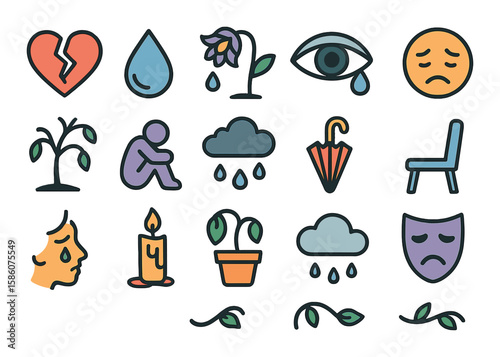 Symbols of sorrow modern flat style. broken heart, teardrop, fading flower, crying eye, sad face, wilted tree, lonely figure, rain with drops, closed umbrella, empty