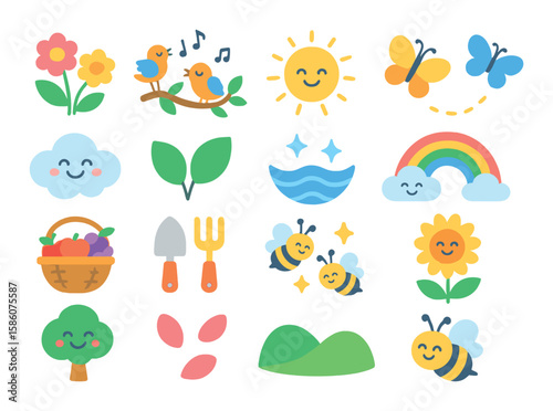 Joyful nature modern flat style. blooming flowers, singing birds, bright sun, fluttering butterflies, smiling clouds, fresh leaves, sparkling water, rainbow, fruit basket