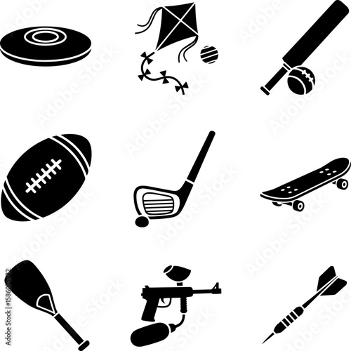 Fun outdoor games icons offer a set of recreational activity symbols for playful adventures, transparent background