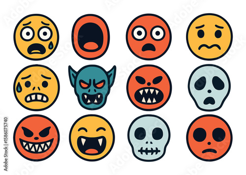 Horror facial expressions and emotions modern flat style. scared face, screaming mouth, wide eyes, trembling lips, sweat drops, fearful eyebrows, creepy grin, snarling