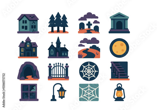Haunted places and settings modern flat style. abandoned house, dark forest, graveyard, crypt, haunted mansion, old church, foggy path, full moon, dark cave, rusty gate