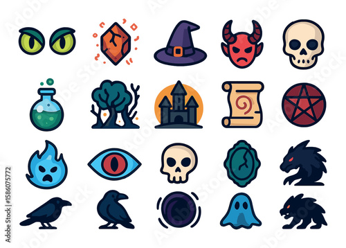 Fear in fantasy and myths modern flat style. dragon eyes, cursed object, witch hat, demon horns, magic potion, enchanted forest, dark castle, skull mask, ghost flame