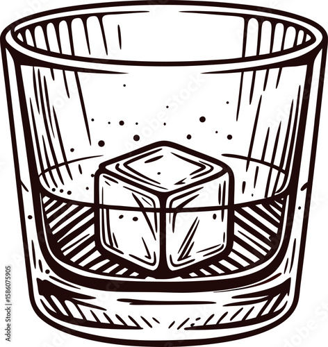 Hand drawn glass tumbler with ice cube vintage sketch illustration in black ink outline on white background