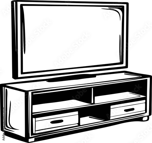 Black and white hand drawn illustration of a modern television on a tv stand with drawers and open shelves