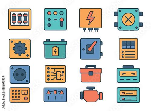Industrial and mechanical boxes modern flat style. fuse box, control box, electrical box, junction box, gearbox, battery box, switch box, breaker box, power box, server