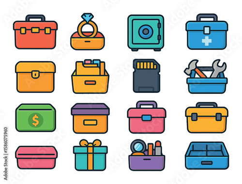 Storage and organization boxes modern flat style. toolbox, jewelry box, safe box, medicine box, storage chest, filing box, memory card box, toolbox with tools, cash box