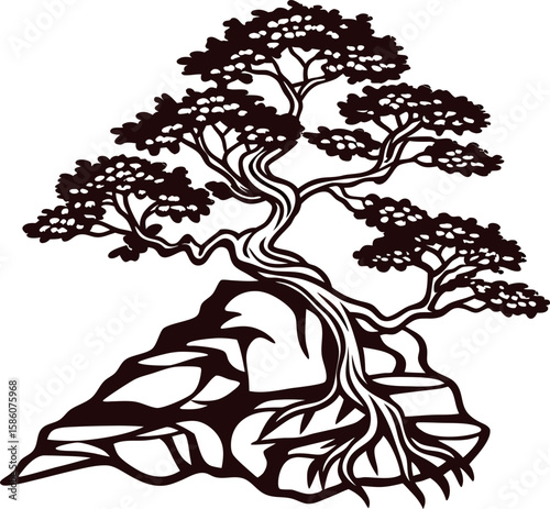 Ink illustration of bonsai tree with twisted trunk and foliage growing on rocky surface, japanese art