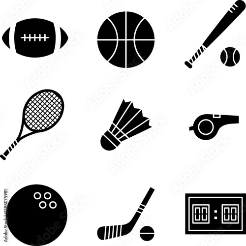 Discover a comprehensive sports equipment icon set perfect for various design projects, transparent background