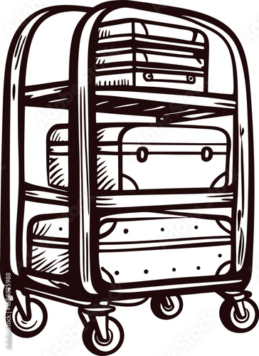 Hand drawn luggage cart with stacked suitcases vintage travel engraving illustration on white background