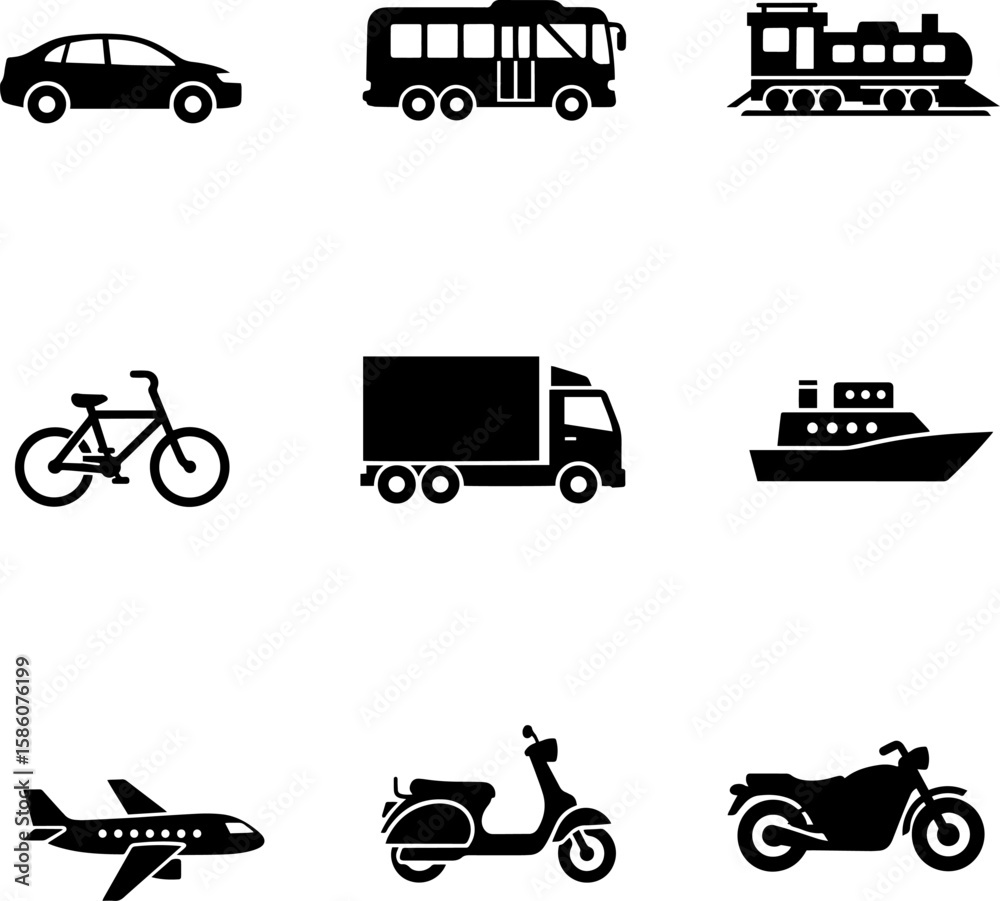 Fototapeta premium Vehicle icons display a diverse set of transportation modes for graphic design, transparent background