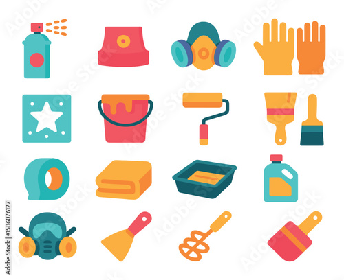 Spray paint tools and supplies modern flat style. spray can, nozzle, cap, paint mask, gloves, stencil, paint bucket, paint roller, brush, painter’s tape, drop cloth
