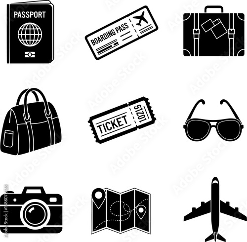 Essential travel icons provide a visual guide for planning your next adventure, transparent background