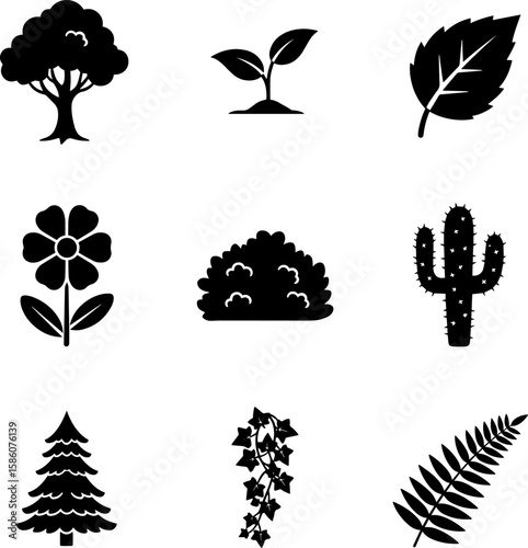 Explore a versatile tree and plant icon set, perfect for nature related projects, transparent background