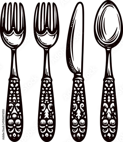 Ornate vintage cutlery set illustration with decorative engraved handles on white background