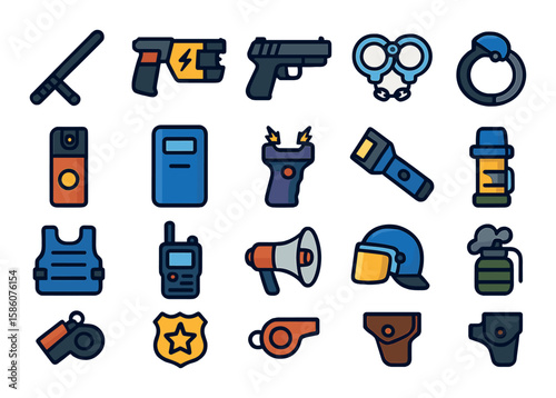 Law enforcement weapons modern flat style. baton, taser, handgun, handcuffs, pepper spray, riot shield, stun gun, flashlight, bulletproof vest, police radio, megaphone