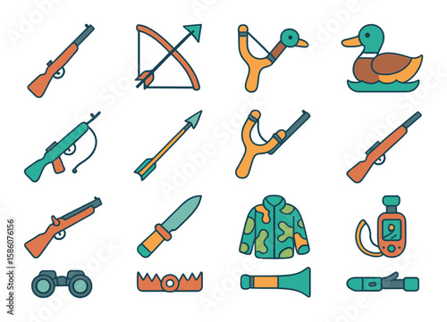 Hunting and sport weapons modern flat style. hunting rifle, bow and arrow, trap, decoy, spear gun, fishing spear, slingshot, air rifle, muzzleloader, hunting knife, dog