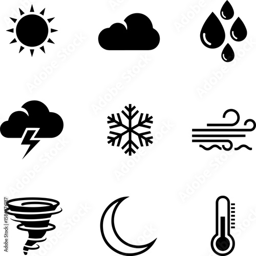 Weather icon set featuring diverse meteorological symbols for forecasting and design, transparent background