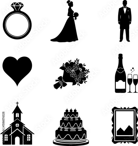 Elegant wedding icons present a comprehensive set for your special day design needs, transparent background