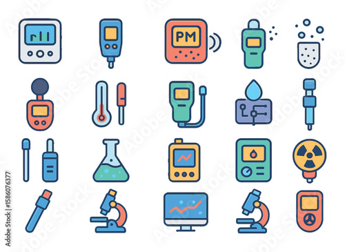 Pollution measuring instruments modern flat style. air quality monitor, water tester, gas sensor, particulate matter meter, noise meter, thermometer, pH meter, humidity