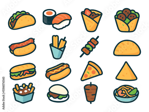 Popular international street foods modern flat style. taco, sushi, crepe, falafel, bratwurst, churro, kebab, empanada, bánh mì, hot dog, pizza slice, samosa, poutine, bao