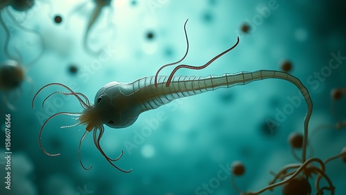 Microscopic view of decapitated sperm with parasite tendrils