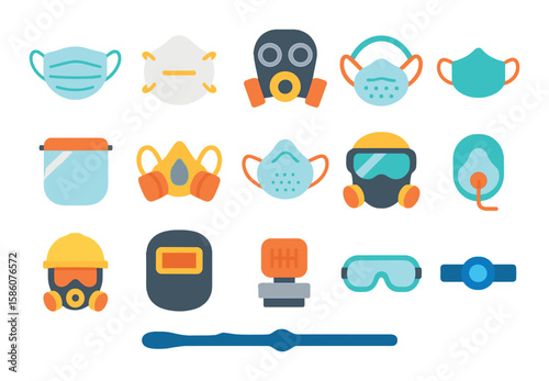 Protective masks and gear modern flat style. surgical mask, N95 mask, gas mask, cloth mask, face shield, respirator, dust mask, full-face mask, helmet with visor, welding