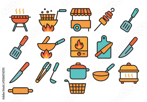 Street food cooking equipment modern flat style. grill, deep fryer, food cart, skewer, spatula, wok, stove, chopping board, knife, tongs, pot, pan, rolling pin, ladle