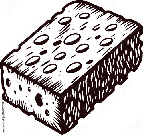 Hand drawn detailed illustration of a porous cleaning sponge with texture and holes on white background