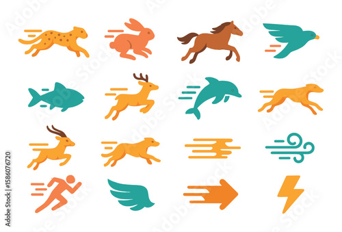 Nature and animal speed modern flat style. cheetah, rabbit, horse, falcon, fish, sprinting deer, dolphin, greyhound, gazelle, running dog, speed lines, wind gust