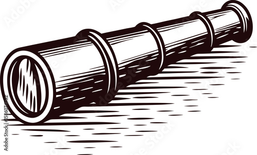Vintage hand drawn spyglass telescope illustration in engraving isolated on white background