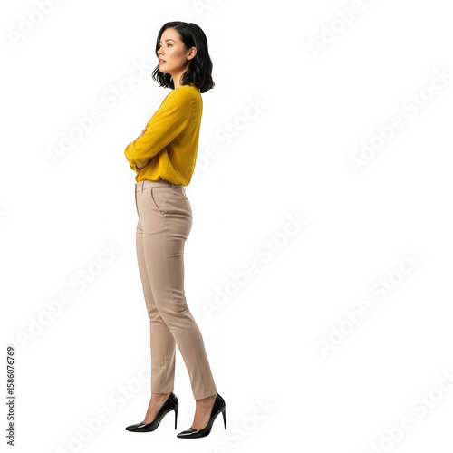 Professional woman in yellow blouse and tan pants standing with arms crossed