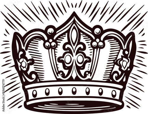Antique engraved royal crown with ornate fleur de lis details and radiant beams in vintage hand drawn