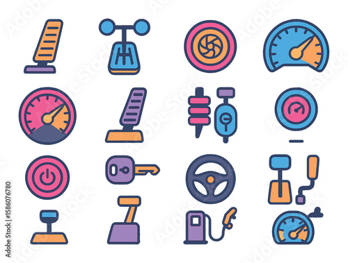 Vehicle acceleration controls modern flat style. accelerator pedal, gear shift, turbo button, speedometer, tachometer, clutch pedal, brake pedal, cruise control, engine