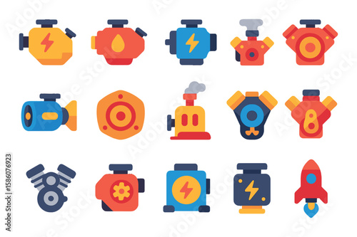 Types of engines modern flat style. diesel engine, gasoline engine, electric motor, hybrid engine, jet engine, rotary engine, steam engine, V8 engine, inline-four engine
