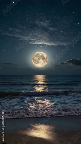 Photo of the full moon shines over the ocean with a starry sky