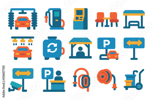 Car wash facilities and infrastructure modern flat style. wash bay, vacuum station, payment kiosk, waiting area, drying station, water recycling tank, roof canopy