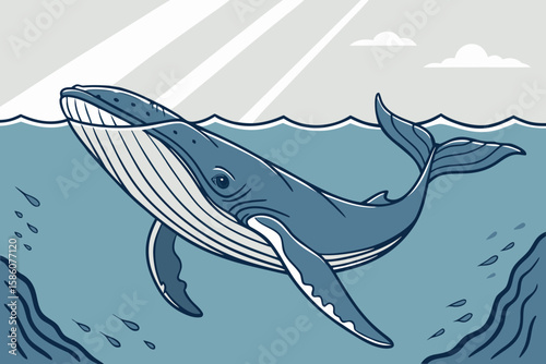 Blue whale swimming in ocean water with sun rays vector