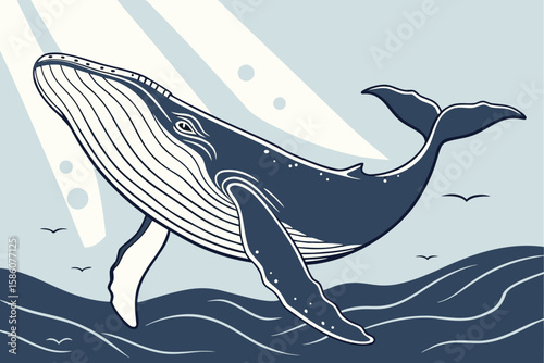 Blue whale swimming in ocean with sunbeams and birds
