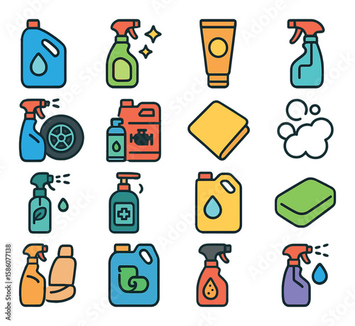 Car wash chemicals and supplies modern flat style. detergent bottle, wax spray, polish, glass cleaner, tire shine, degreaser, microfiber cloth, foam, scent spray