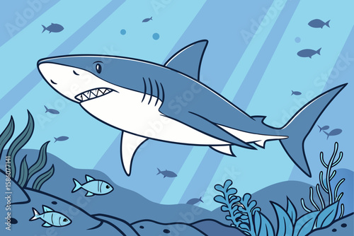 Blue shark swims in clear blue ocean water with fish