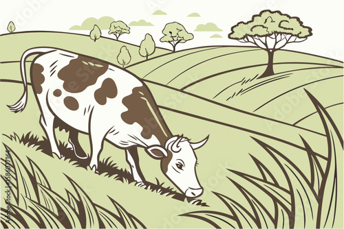 Brown and white cow grazing in a green field with trees