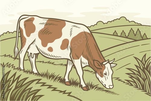 Brown and white cow grazing in a green pasture animal