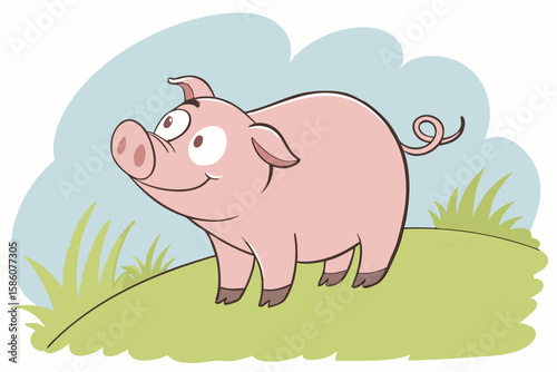 Cartoon pink pig standing in green grass with blue sky