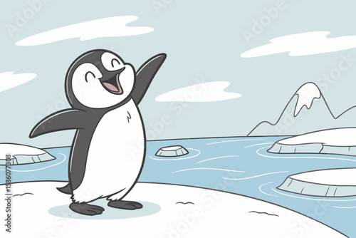 Cartoon penguin waving happily in arctic landscape